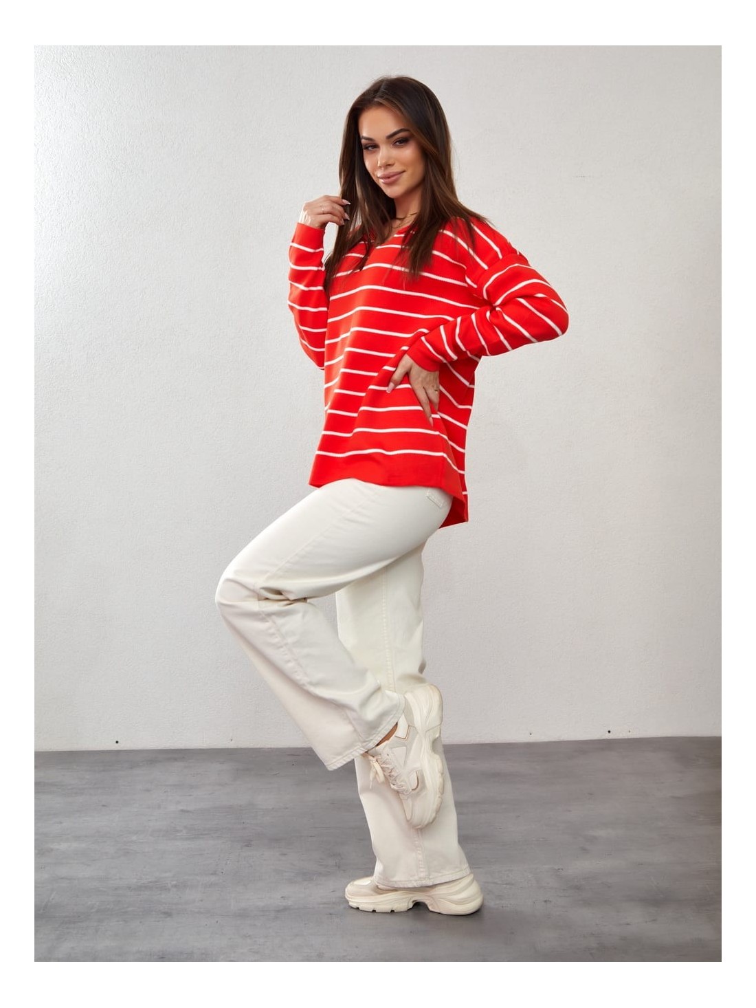 Oversized thin sweater with a collar, brick red 0583 - Online store - Boutique